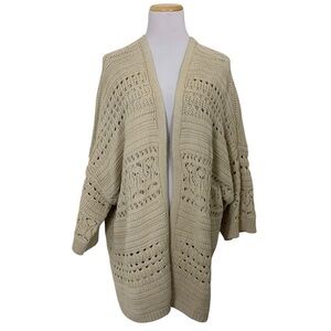 Lucky Brand Oversized Crochet Knit Cardigan Sweater Tan Size L Open Front